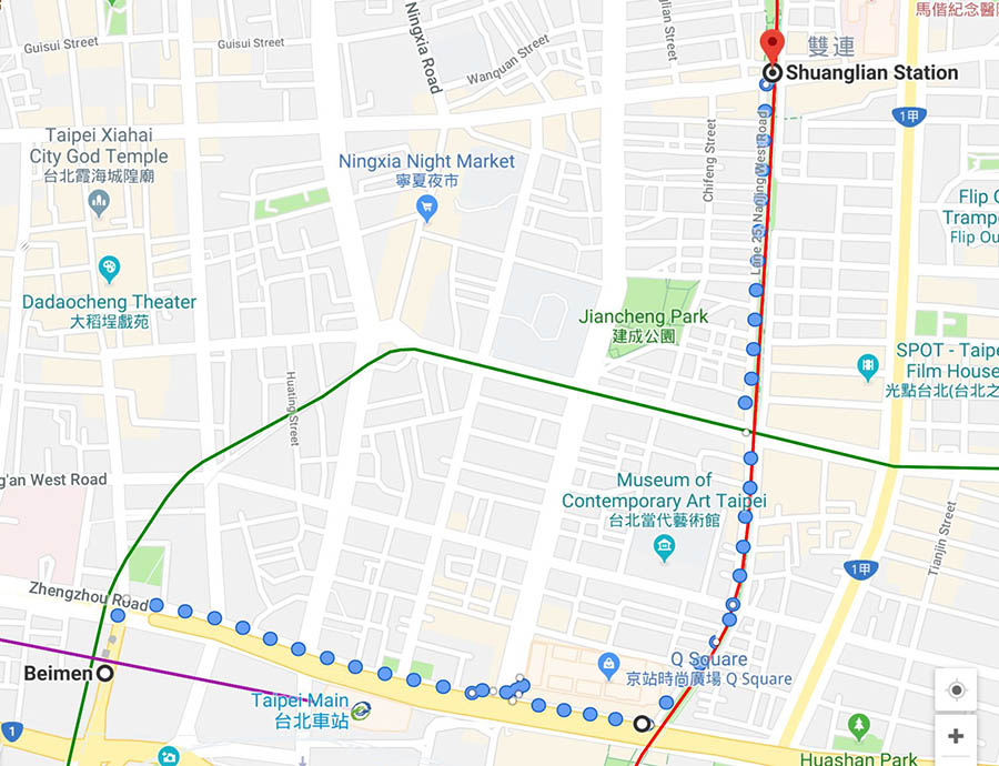 Google Maps Beimen station to Shuanglian